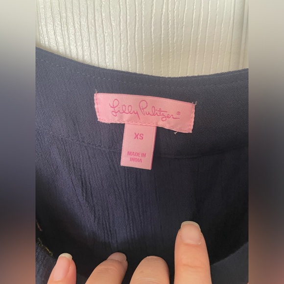 Lilly Pulitzer True Navy Beeler Romper - tribal embroidery and neon pink tassels - Picture 5 of 6